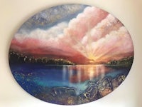 a painting of a sunset over a lake