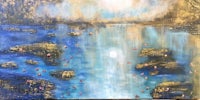 a painting of a river with blue and gold flowers