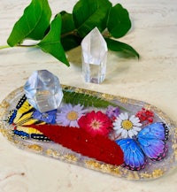a tray with butterflies, crystals and leaves on it