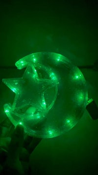 a person holding a green star and crescent in their hand