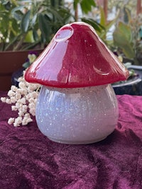 a red and white mushroom sitting on a purple cloth