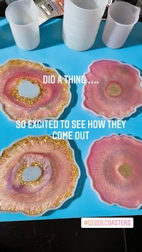 four pieces of agate with the words did a thing so excited to see how they came out